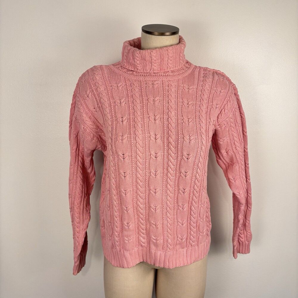 Vtg Talbots Women Size S Sweater Chunky Cable Knit Turtleneck Pink Long Sleeve